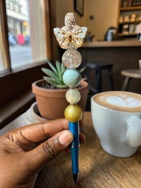 Handcrafted Decorative Blue Beaded  Butterfly Pen with Gold and Cream Accents